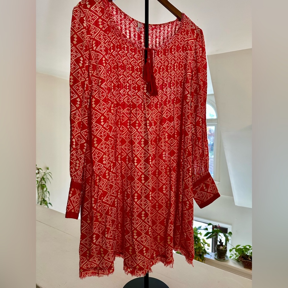 Anthropologie Orange and White Geometric Long Sleeve Dress